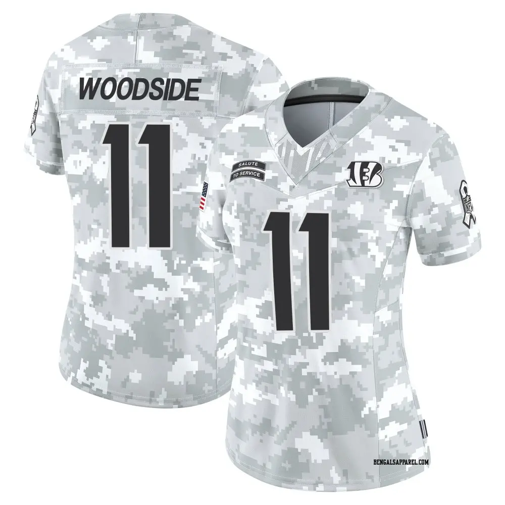 Limited Arctic Camo Women's Logan Woodside Cincinnati Bengals 2024 Salute to Service Jersey
