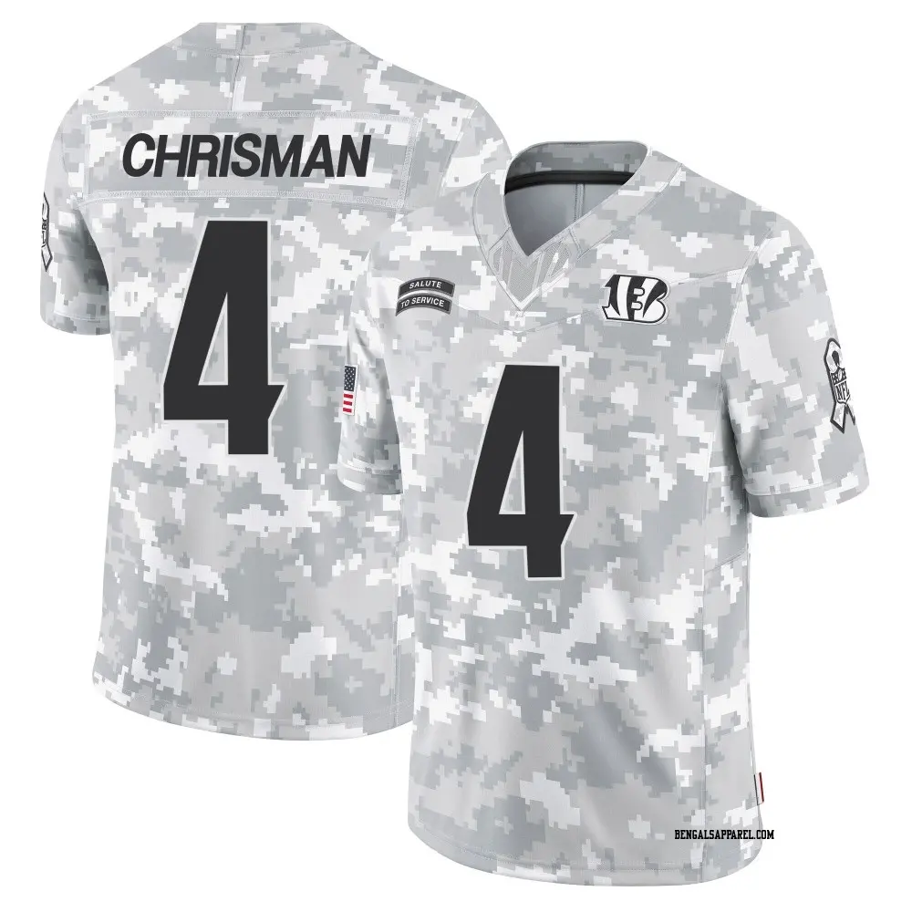 Limited Arctic Camo Youth Drue Chrisman Cincinnati Bengals 2024 Salute to Service Jersey
